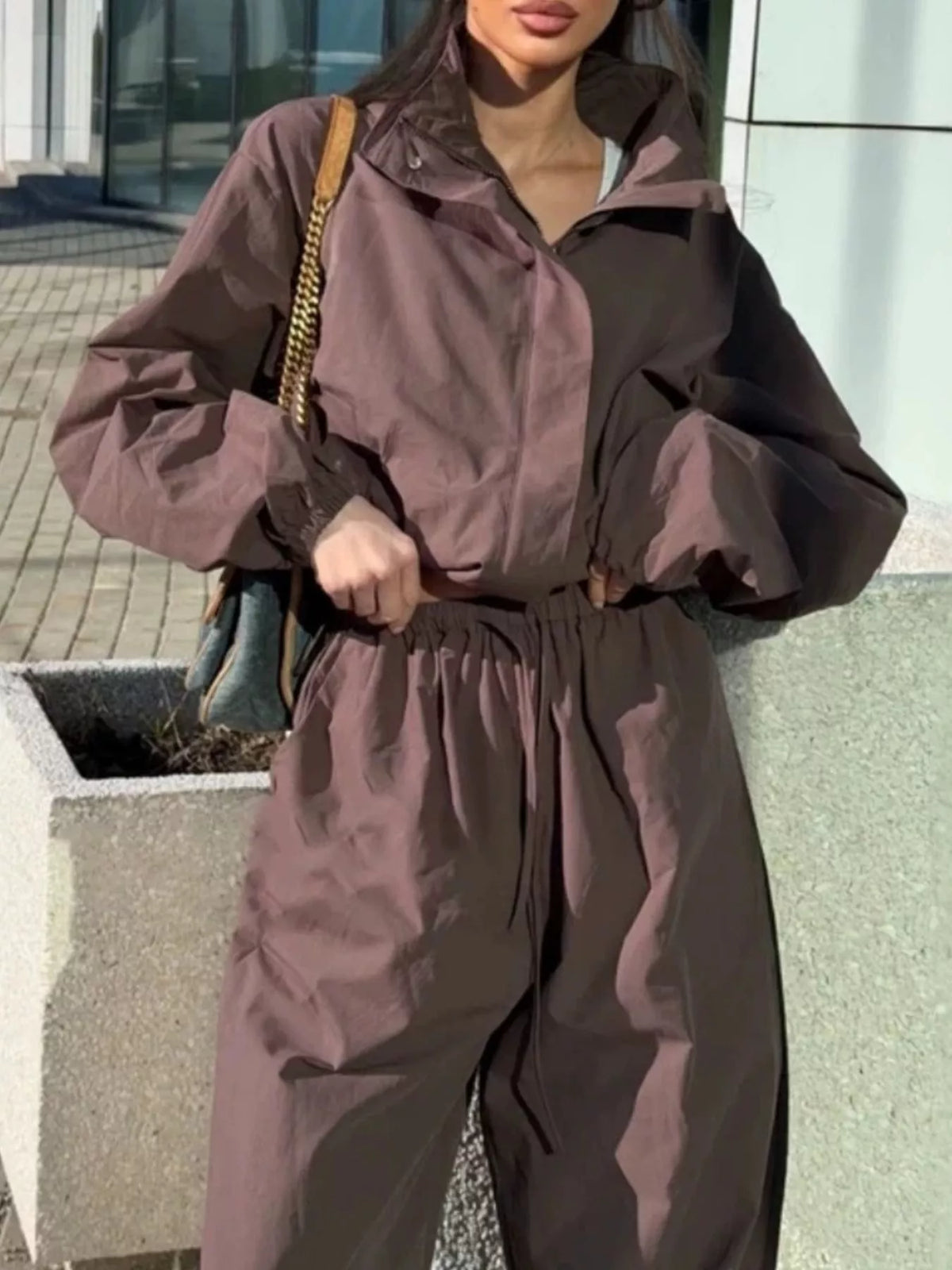 Drawstring Hem Crop Jacket and Wide-Leg Pant Set