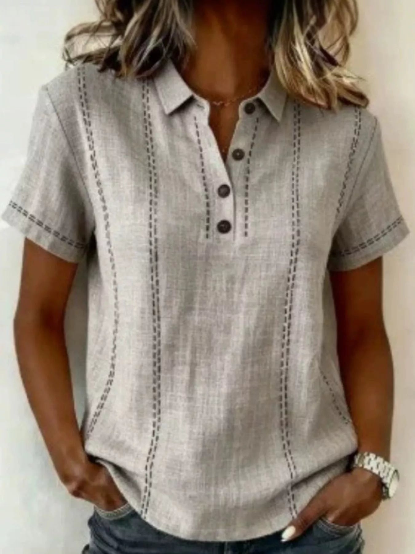 Full Size Button Detail Short Sleeve Blouse Plus Size
