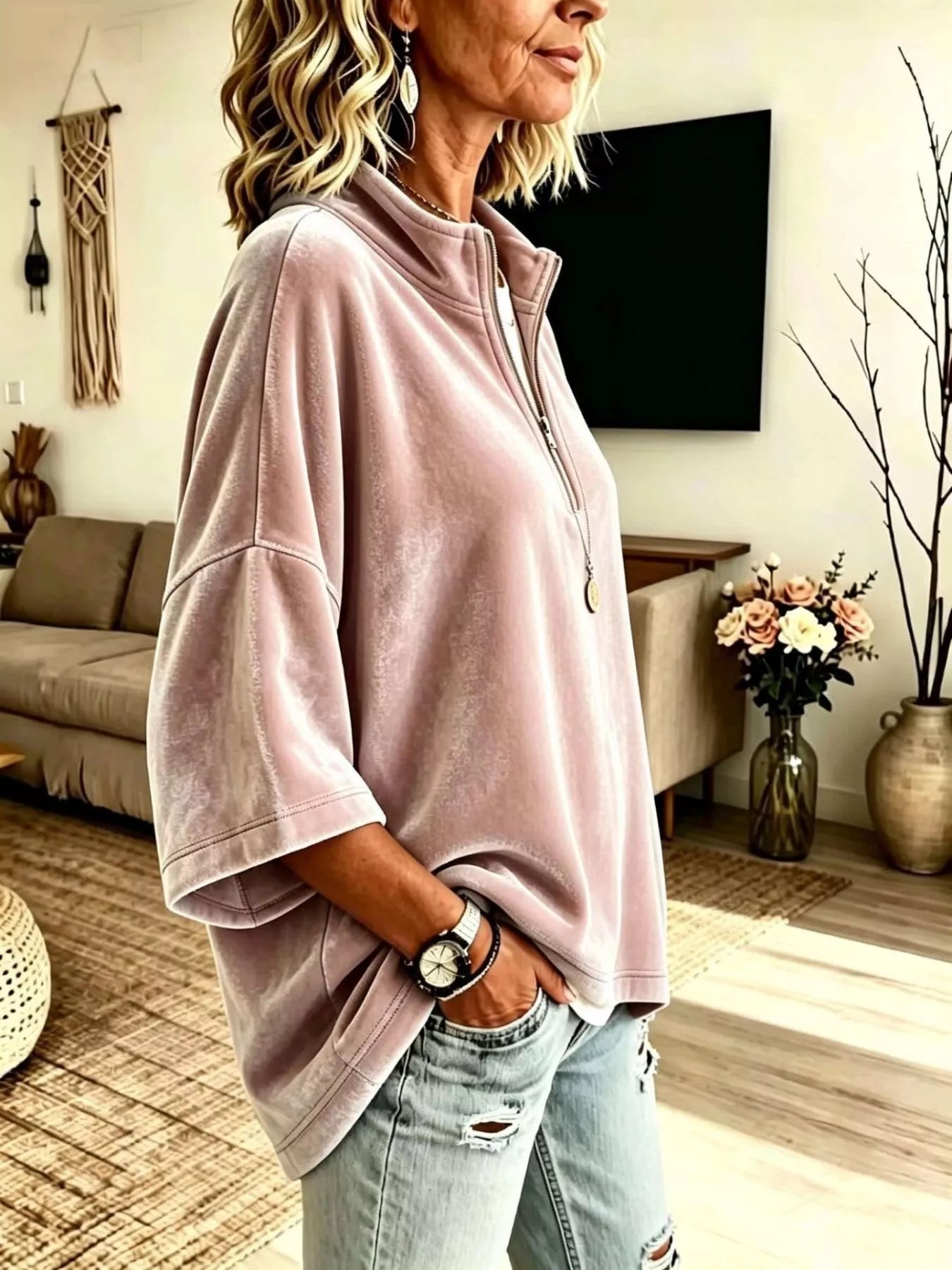 Full Size Velvet Quarter-Zip Sweatshirt Plus Size