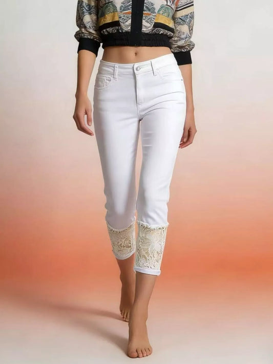 Full Size Lace Trimmed Capri Jeans Plus Size