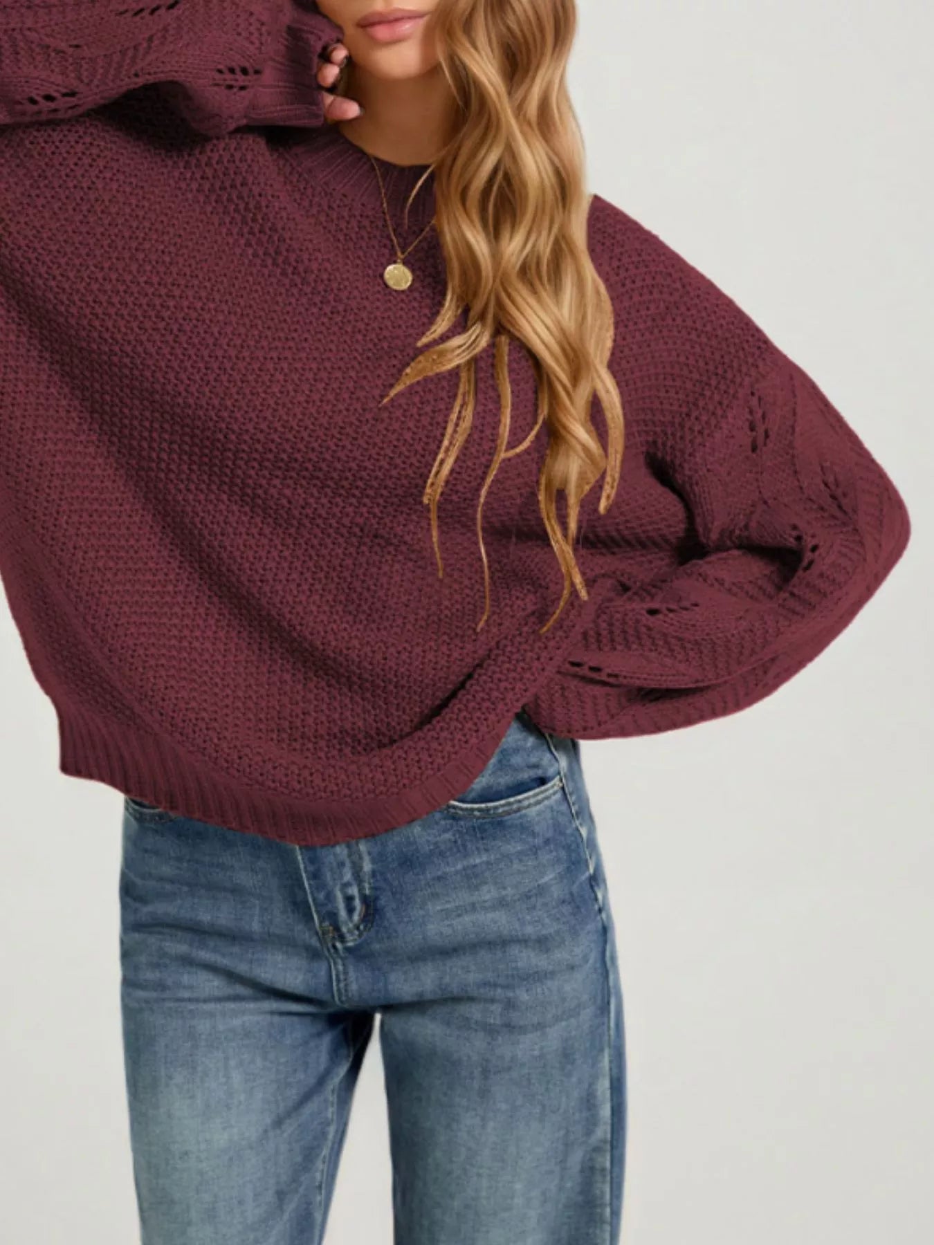 Textured Knit Openwork Dropped Shoulder Sweater