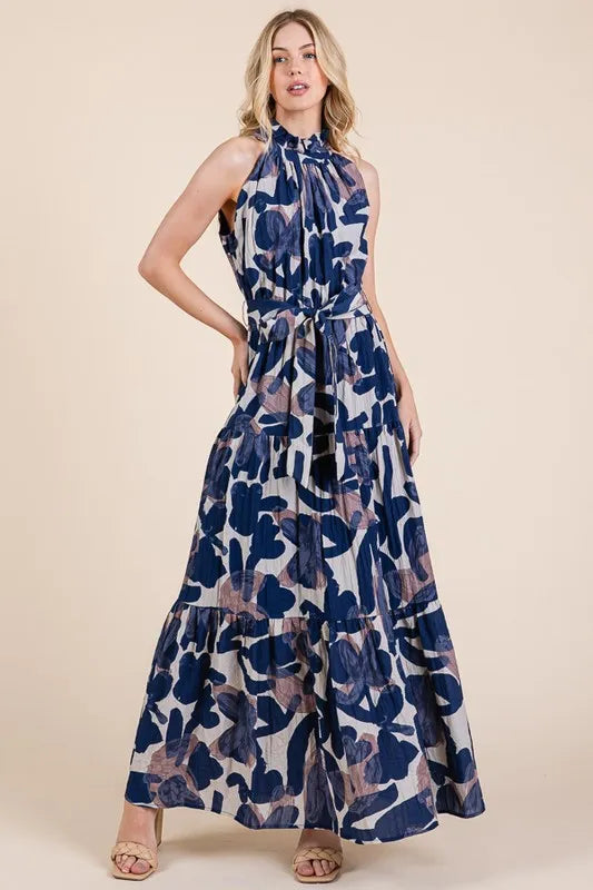 Lime 'N' Chili Abstract Halter Neck Tie-Waist Tiered Maxi Dress