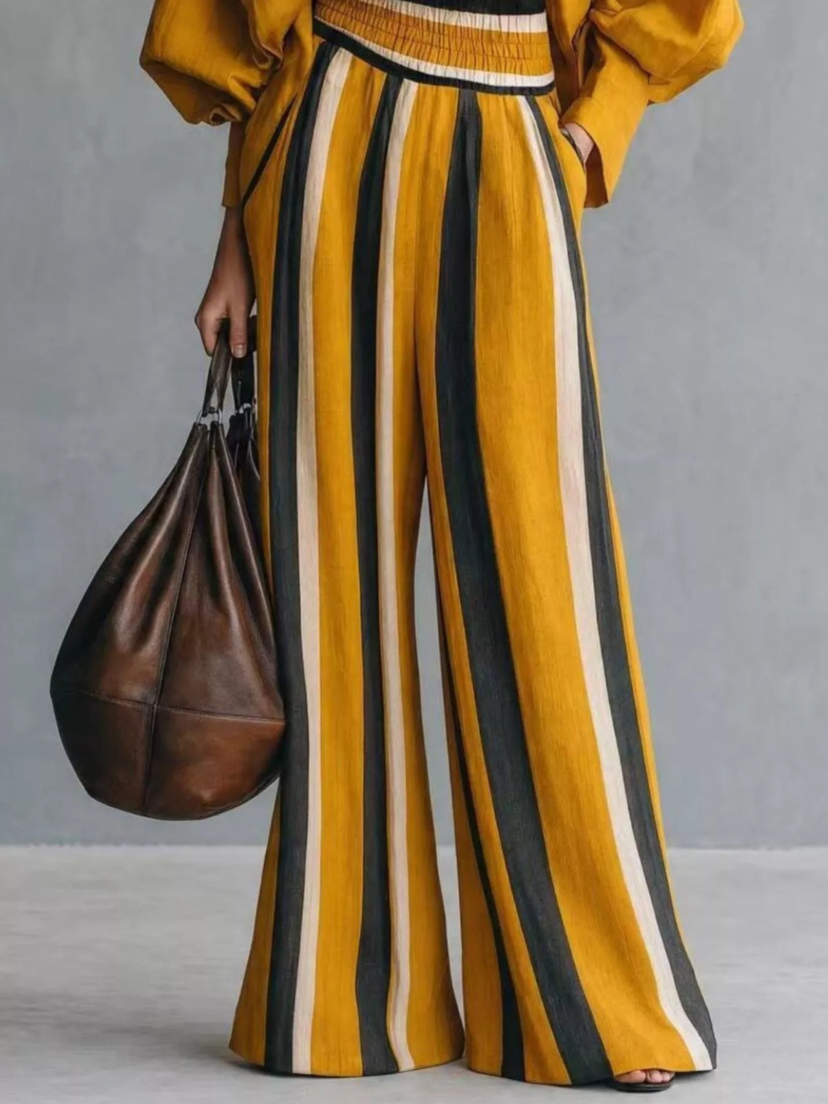 Full Size Mock Neck Top and Striped Wide-Leg Pants Set Plus Size