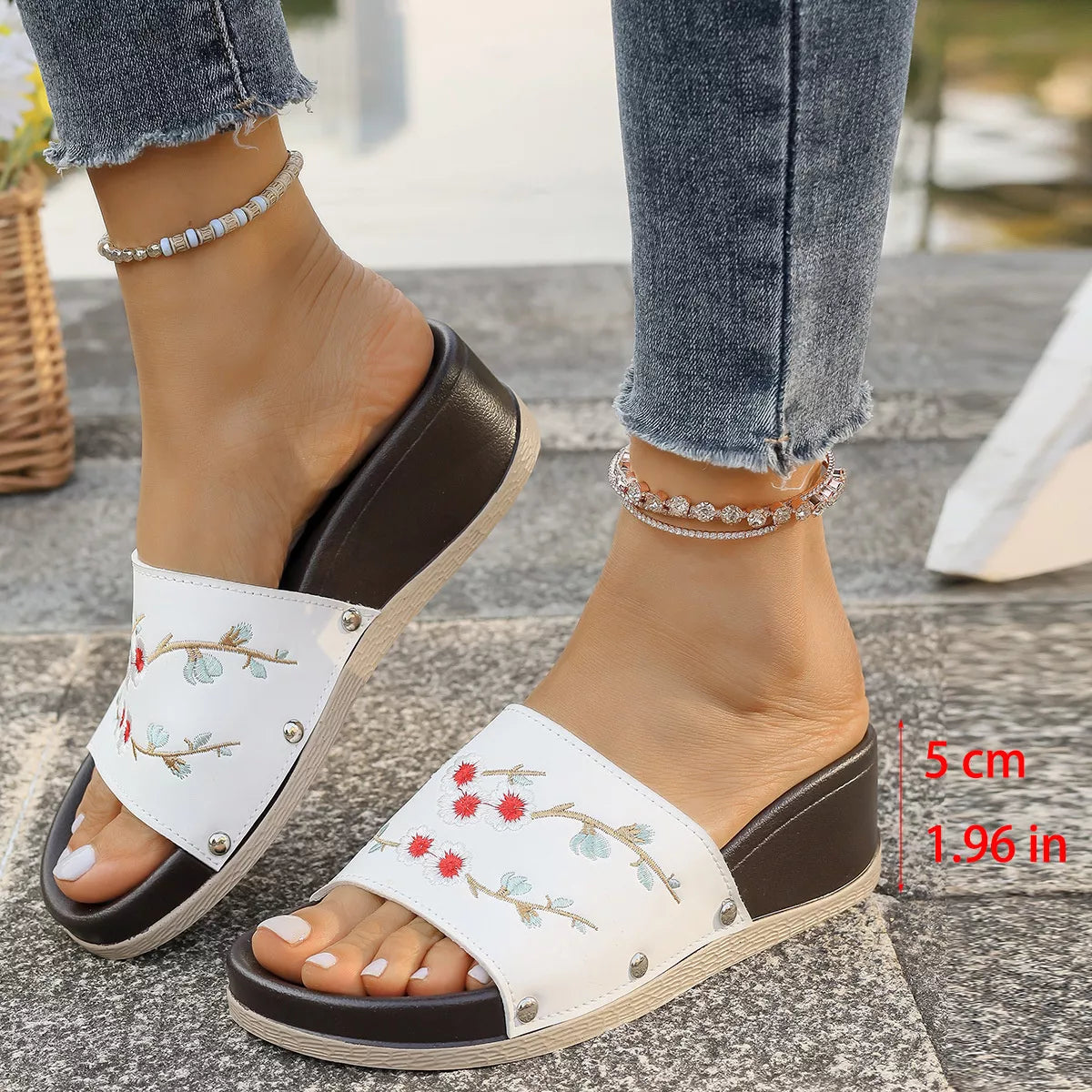 Floral Embroidered Wedge Sandals