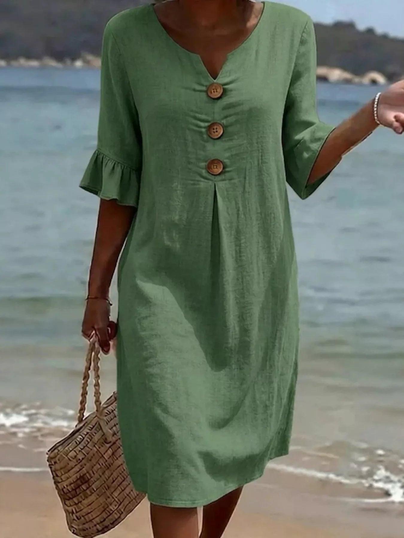 Full Size Casual Decor Button Dress with Ruffle Sleeves Plus Size