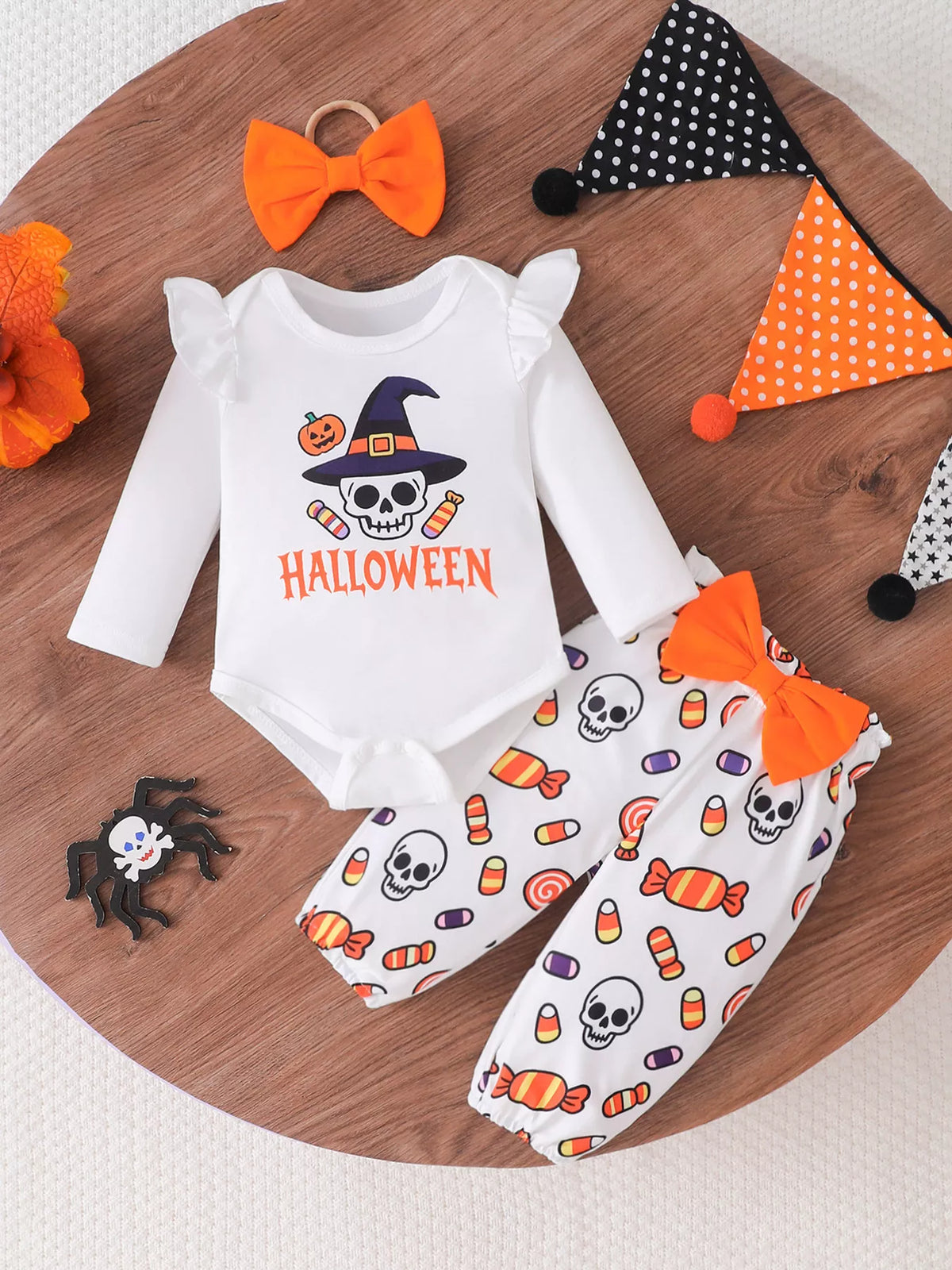 Children's Halloween Skull Print Long Sleeve Bodysuit and Pants Set with Bow Headband