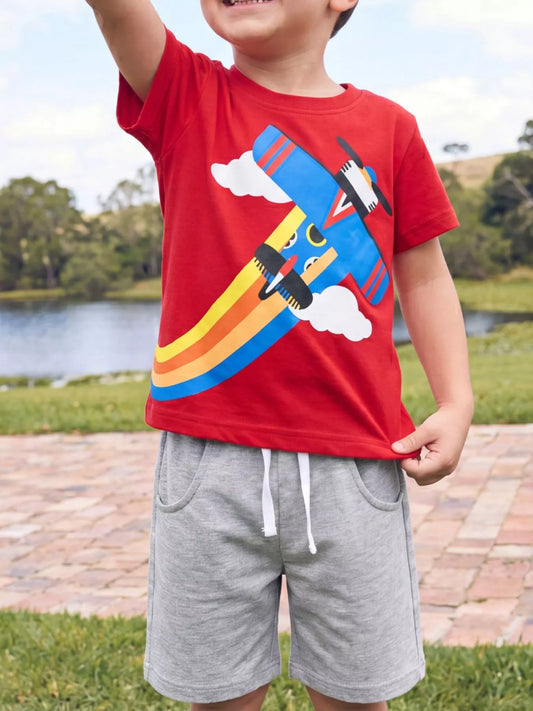 Children's Airplane Round Neck T-Shirt and Shorts Set