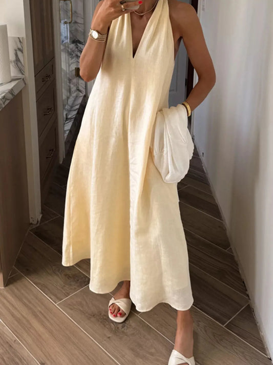 Halter V-Neck Linen Midi Dress