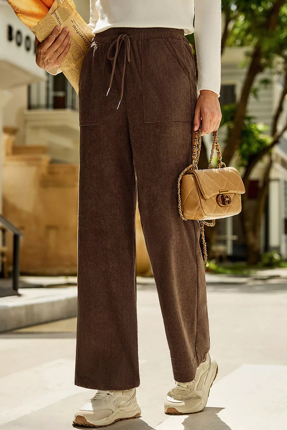 Corduroy Wide-Leg Drawstring Pants