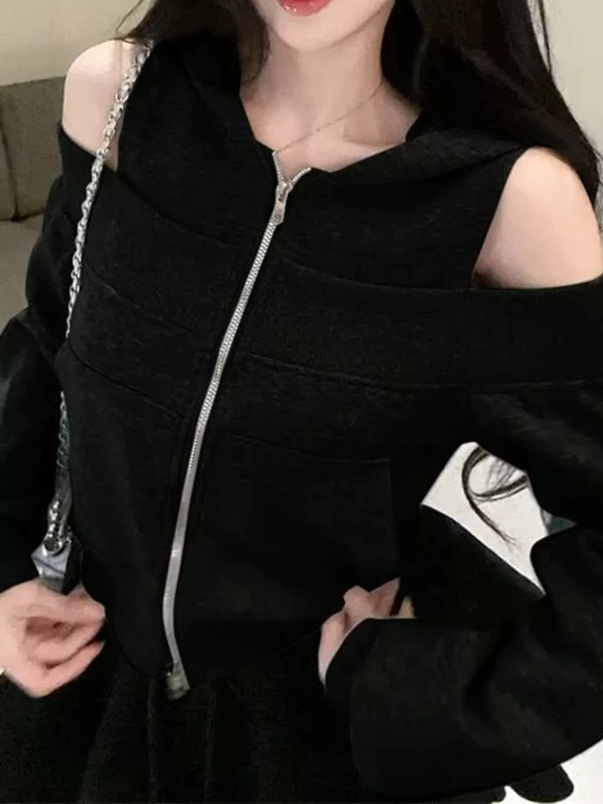 Cold Shoulder Zip-Up Hoodie