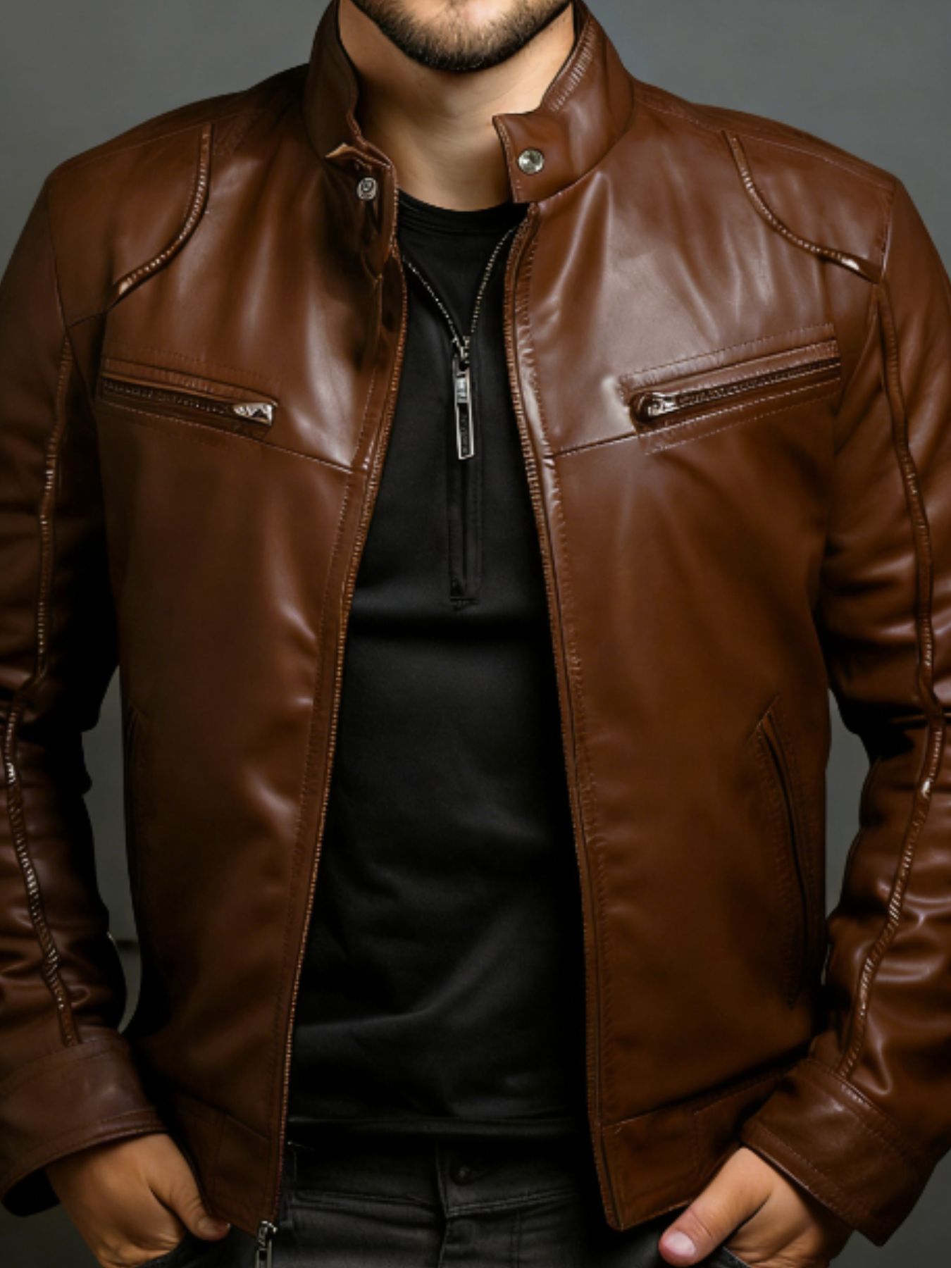 Men's Full Size Leather Motorcycle Jacket with Zipper Front Plus Size