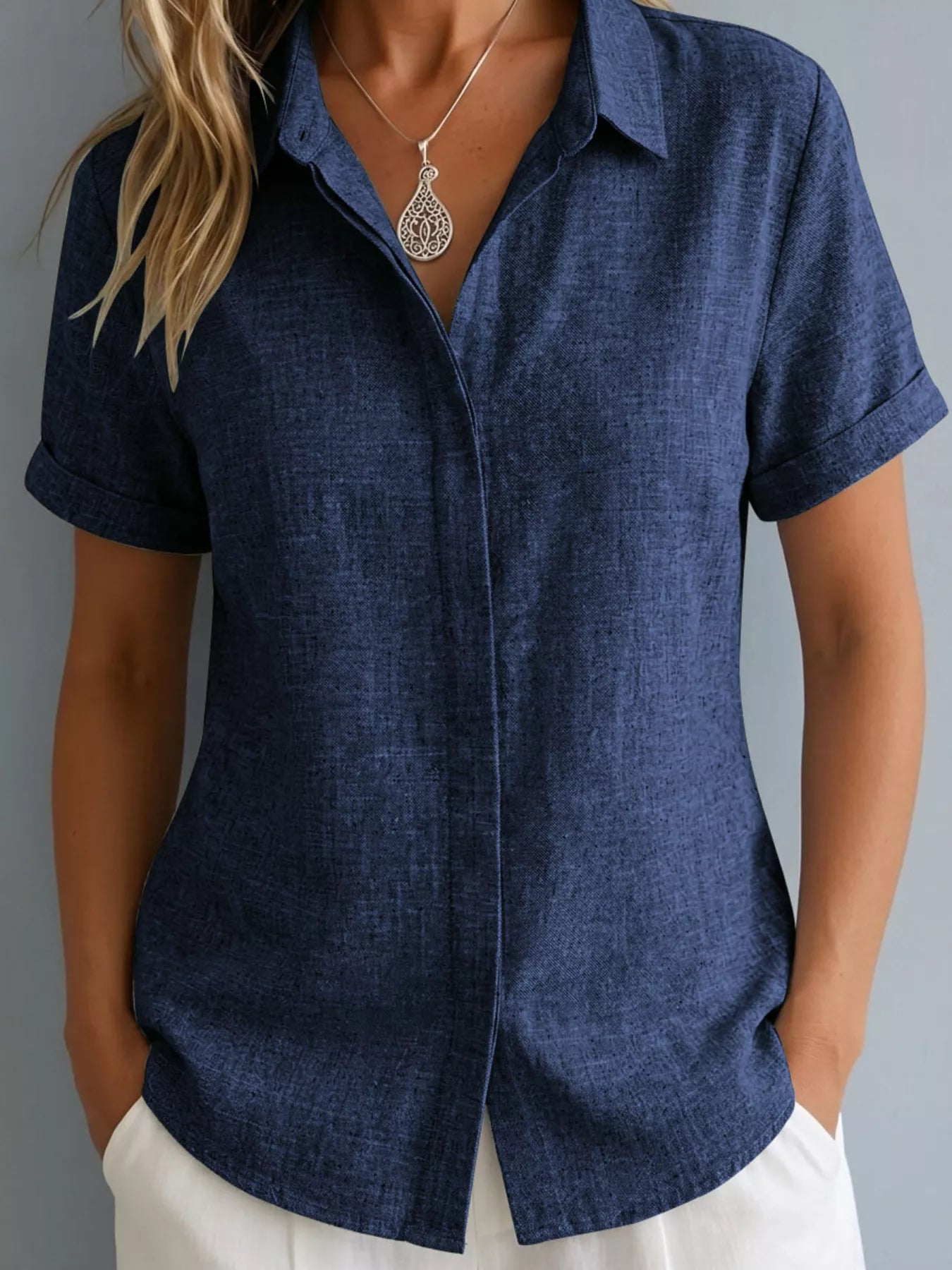 Full Size Collared Neck Short Sleeve Shirt Plus Size