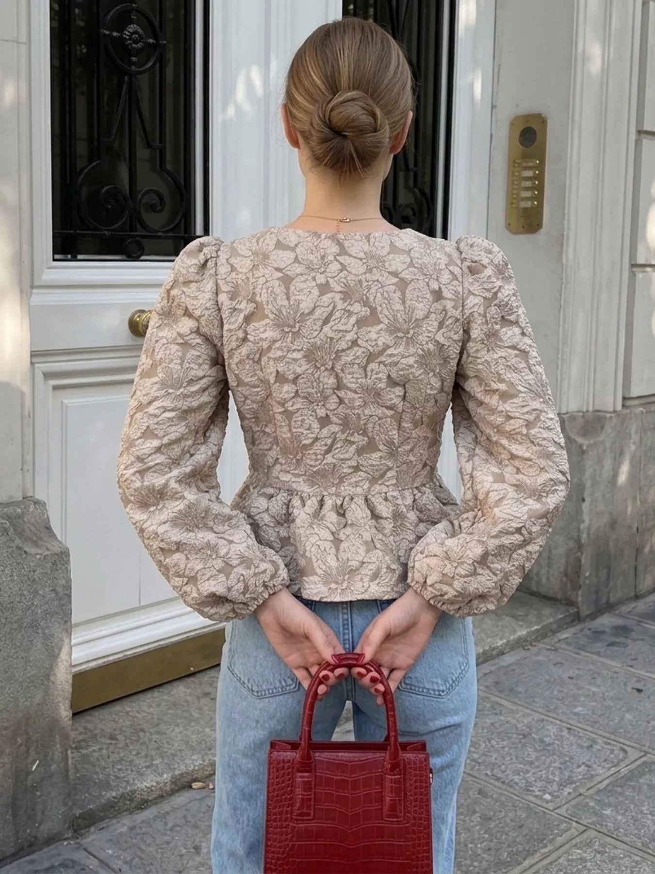 Square Neck Textured Peplum Blouse