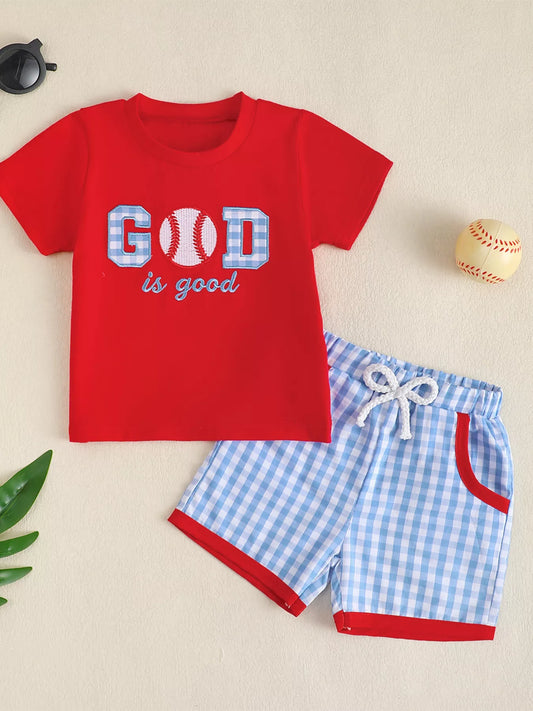 Children's Baseball Embroidered T-shirt and Gingham Shorts Set