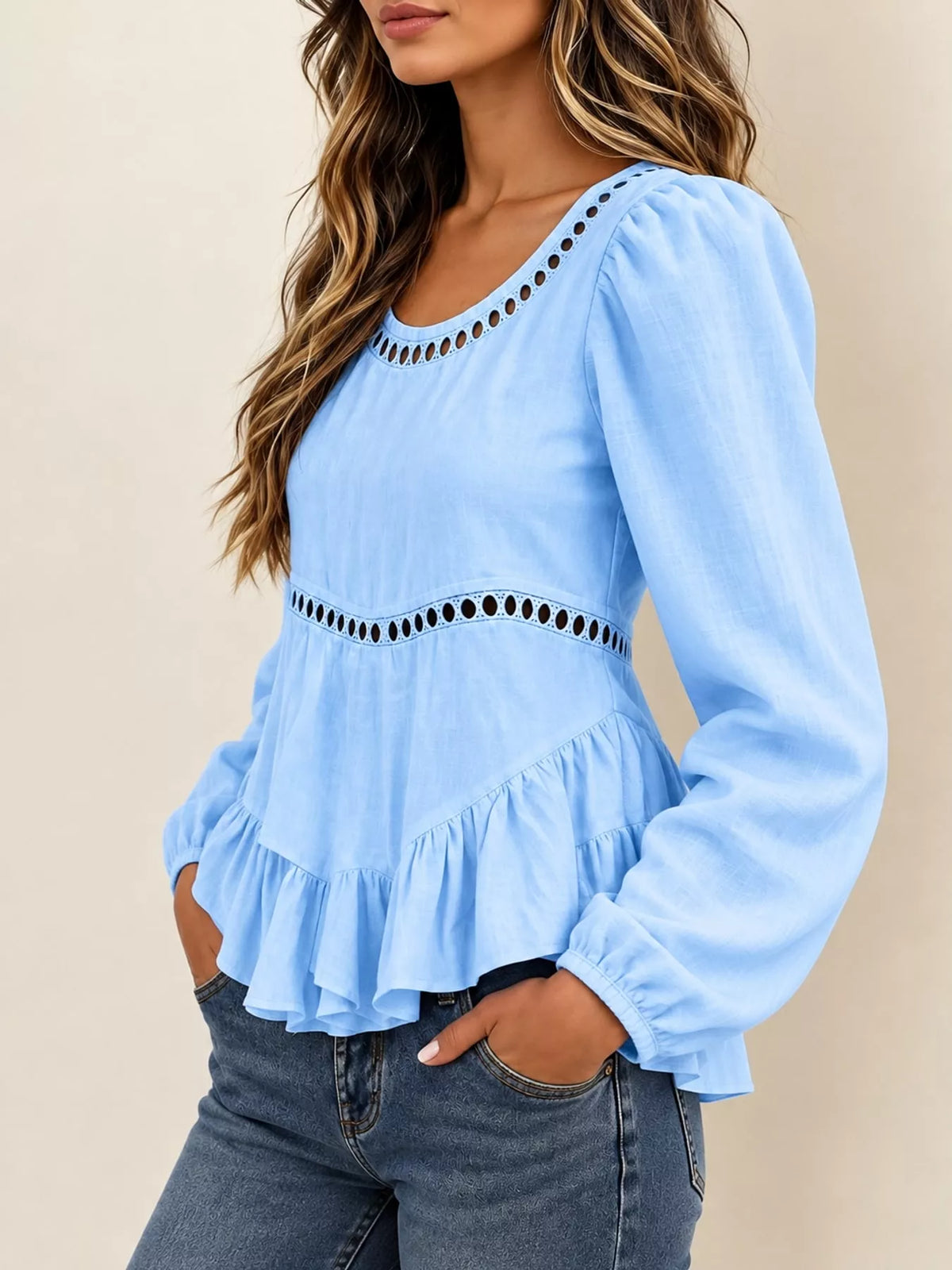 Long Sleeve Blouse with Eyelet Lace Trim and Ruffled Hem