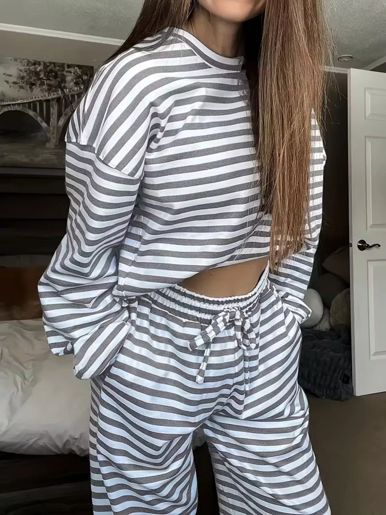 Striped Dropped Shoulder Top and Pants Set