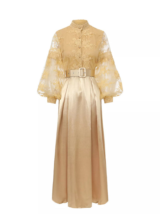 Lace Lantern Sleeve Belted Maxi Dress