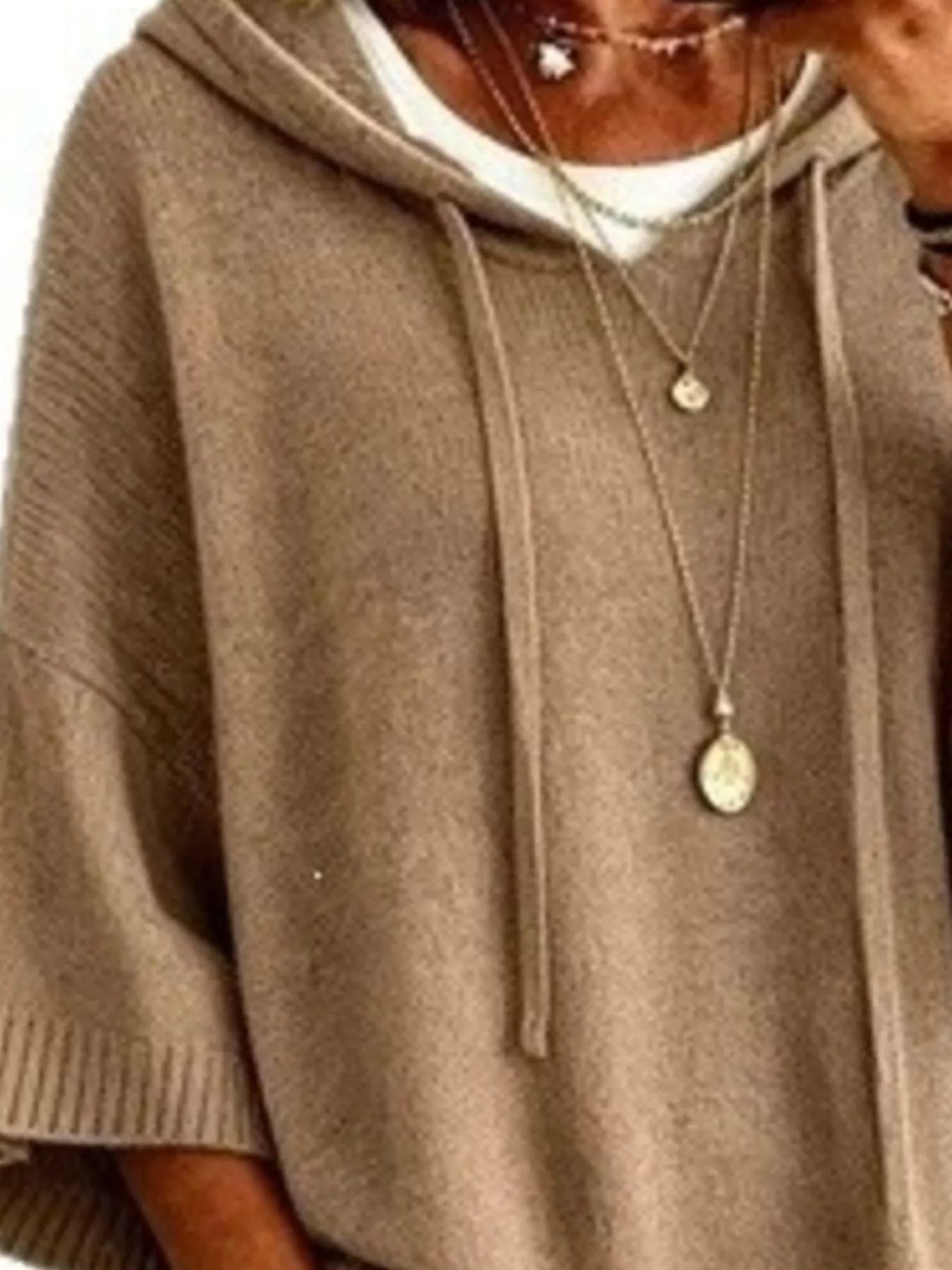 Full Size Drawstring 3/4 Sleeve Hooded Sweater Plus Size