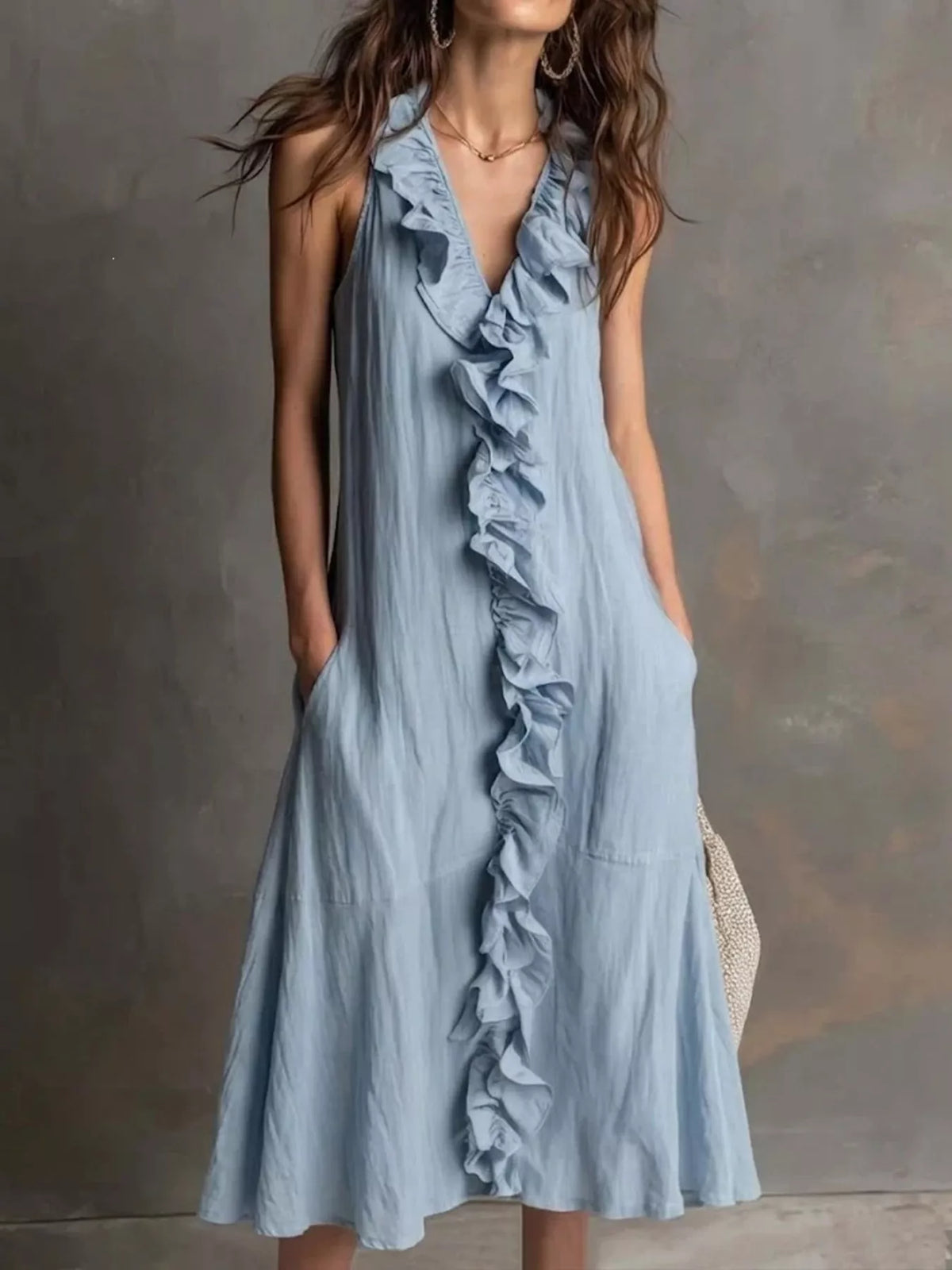 Sleeveless Ruffle Trim V-Neck Midi Dress
