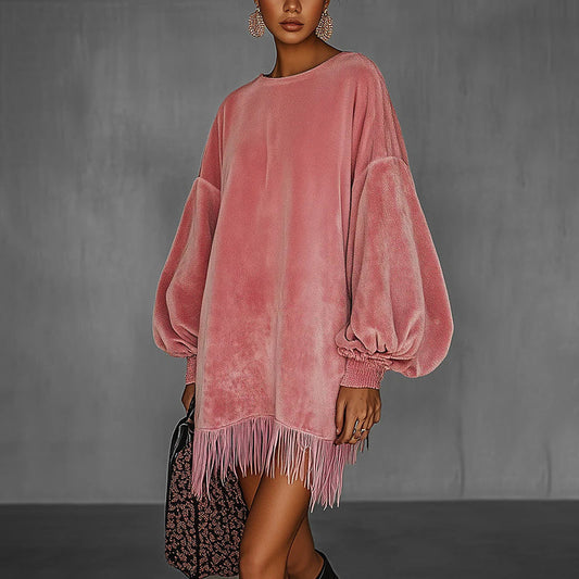 Women's Fringe Hem Mini Dress, Drop Shoulder Long Sleeve Casual Short Dress (See size chart where applicable)