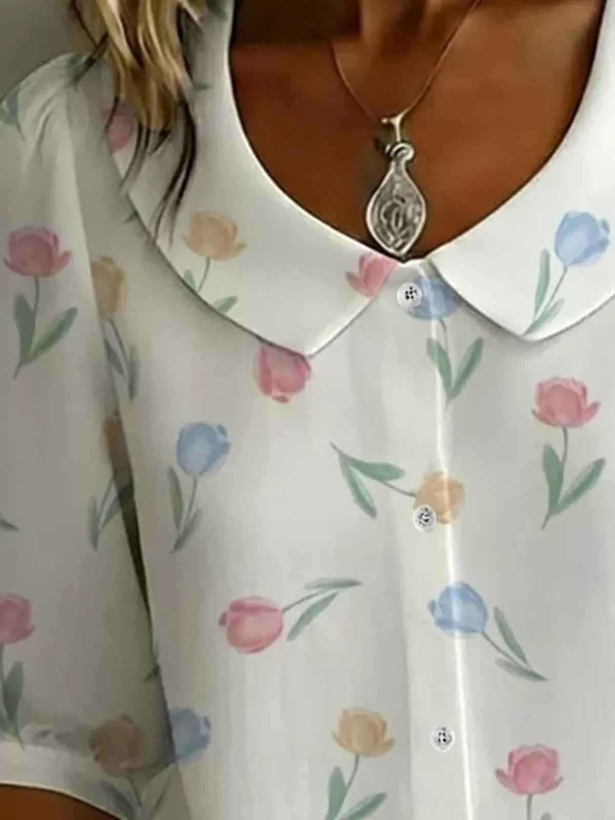 Daisy Print Peter Pan Collar Button-Down Shirt