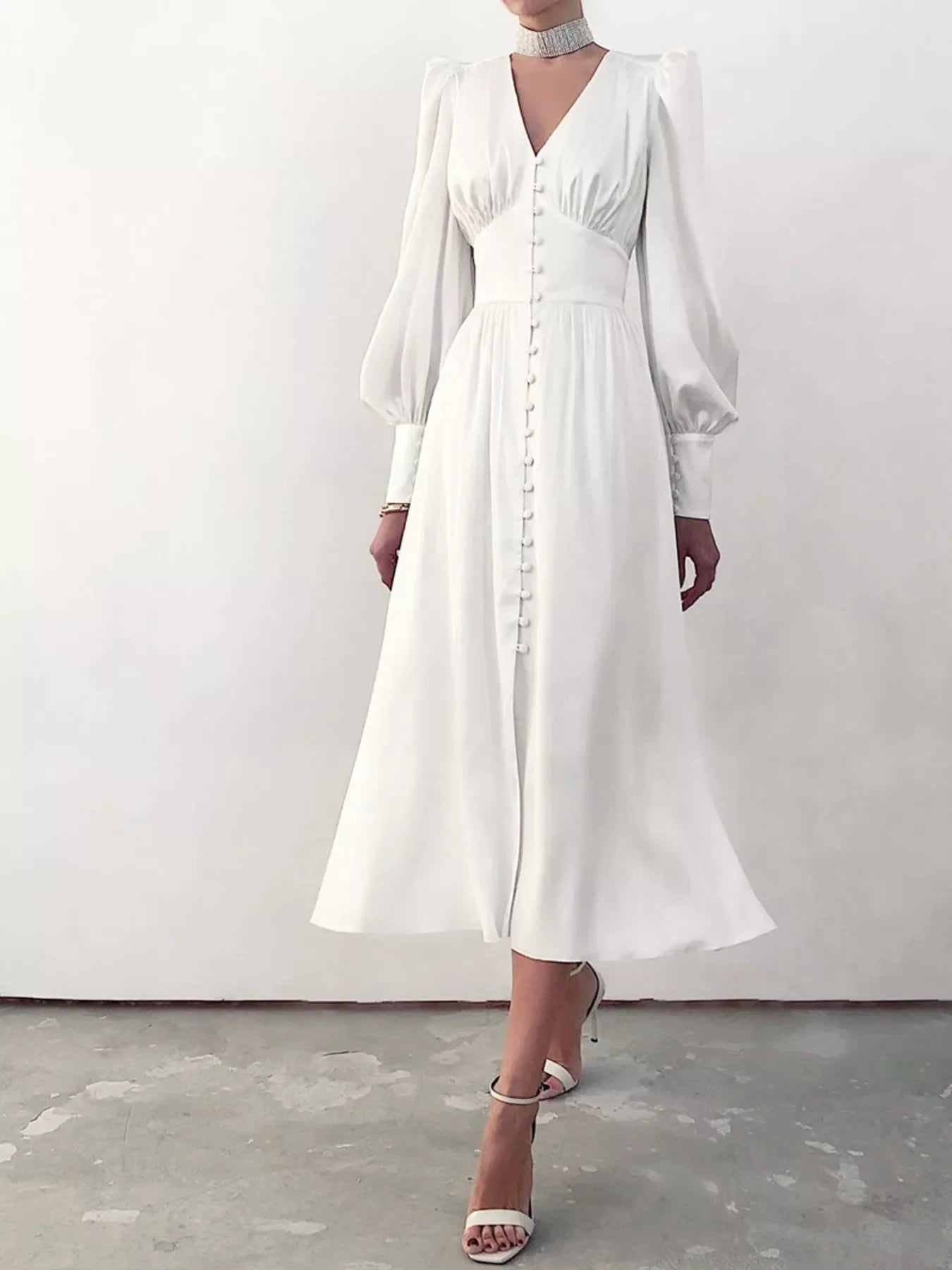 Elegant V-Neck Puff Sleeve Button-Down Midi Dress