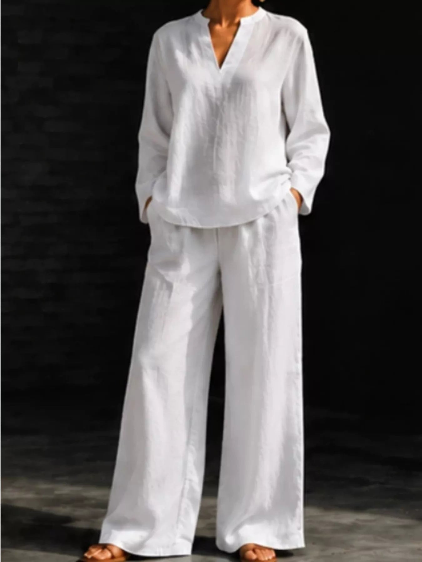 Notched Long Sleeve Top and Pants Set