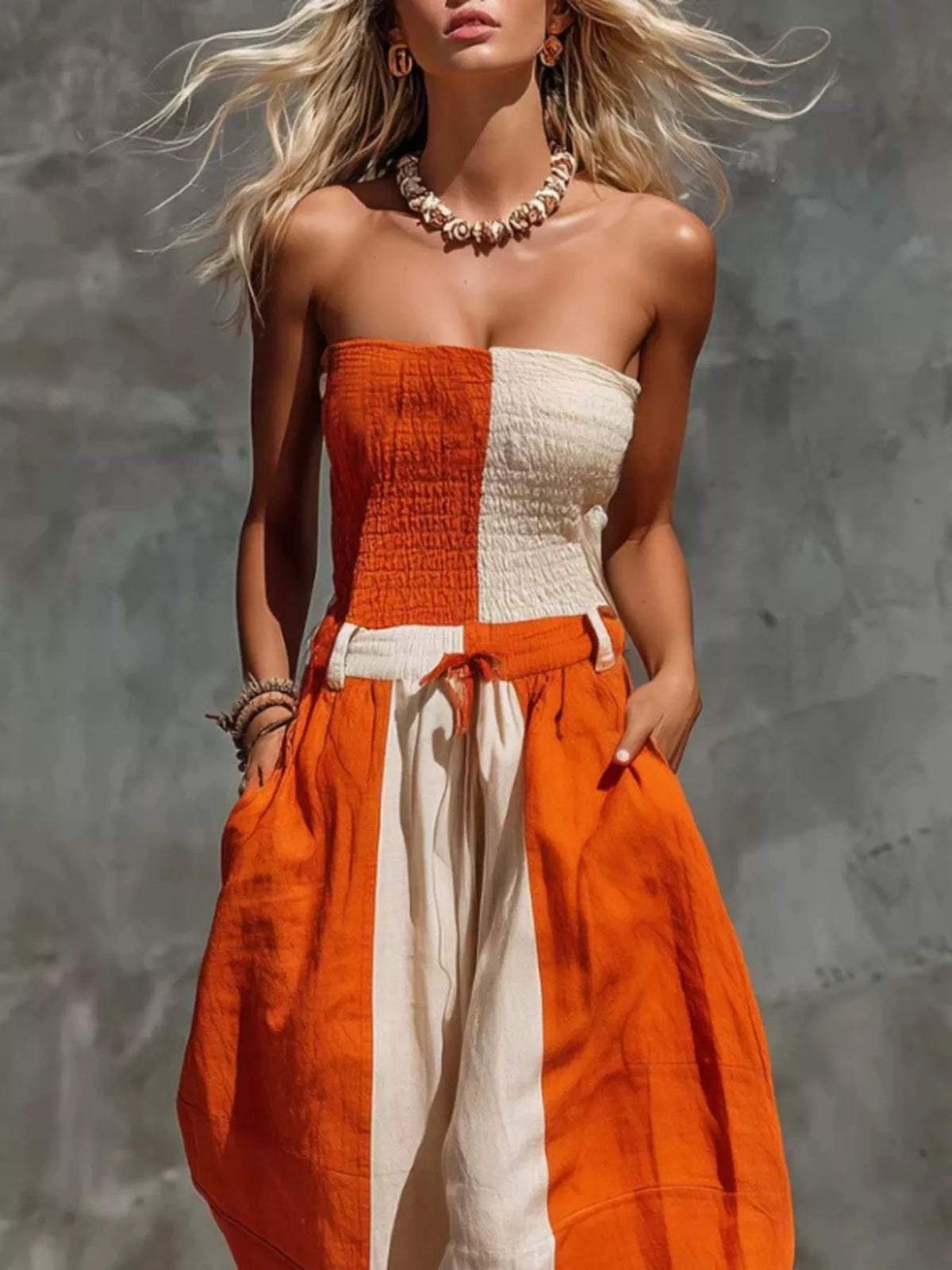 Color-Block Strapless Smocked Jumpsuit