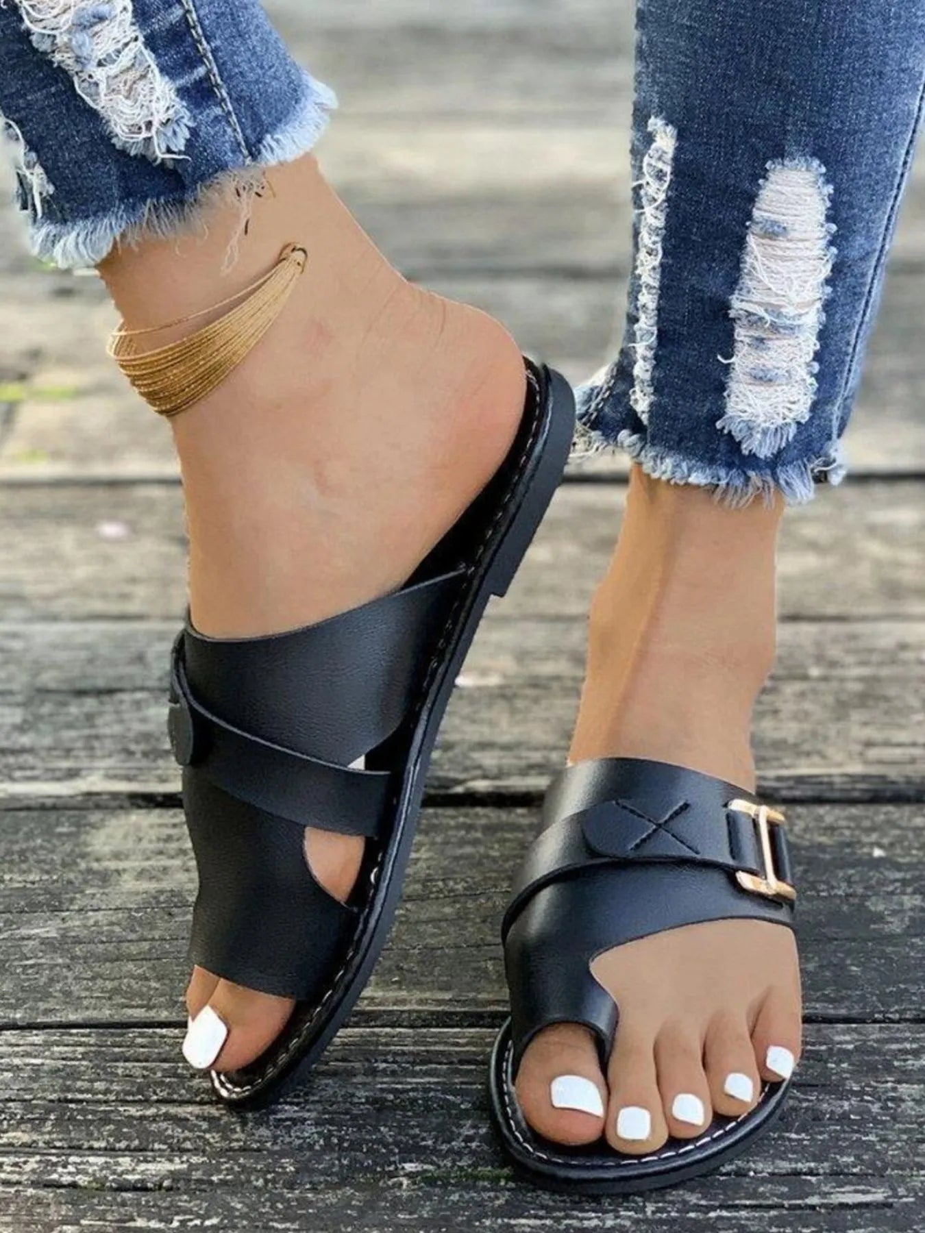 Casual Toe Ring Buckle Flat Sandals