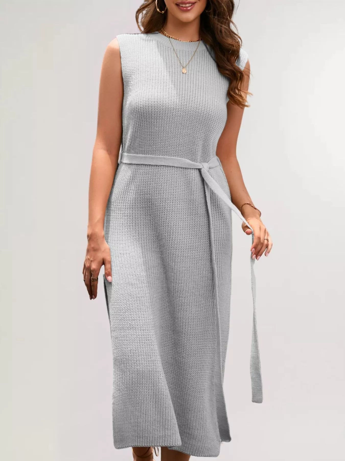 Side Slit Sleeveless Knit Midi Dress