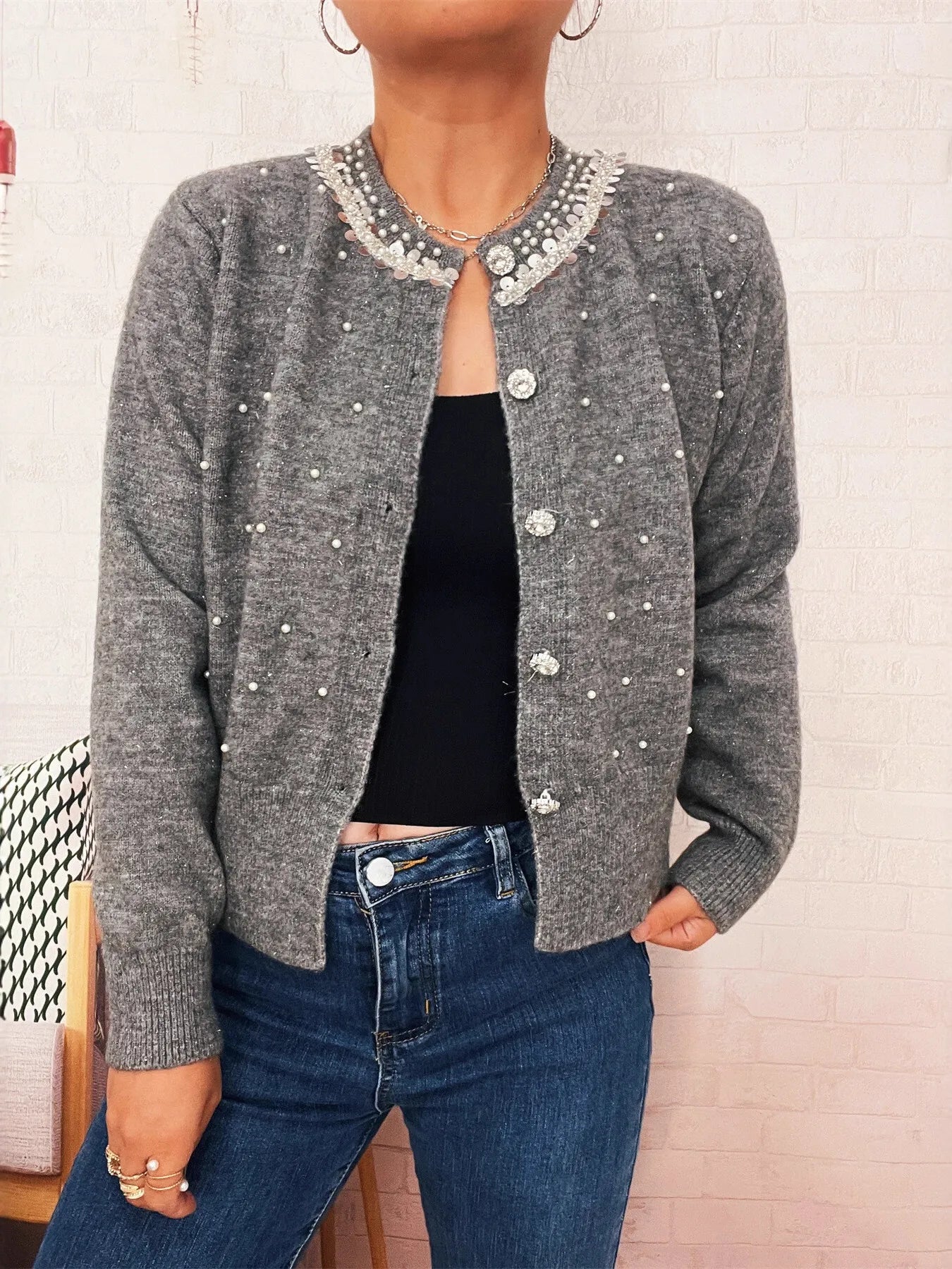 Pearl Detail Button-Front Cardigan