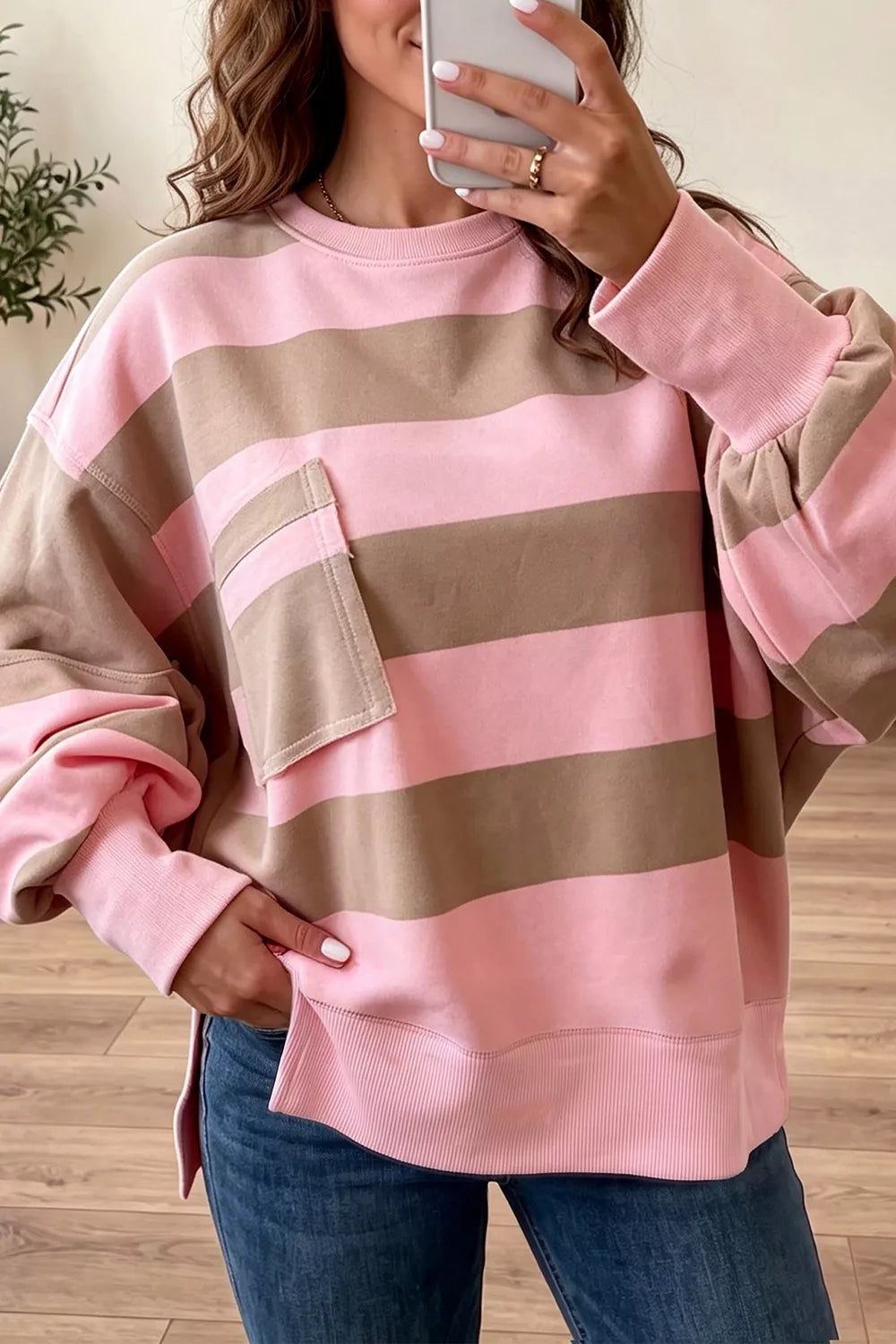 Striped Colorblock Patch Pocket Split Hem Oversized Long Sleeve Sweatshirt