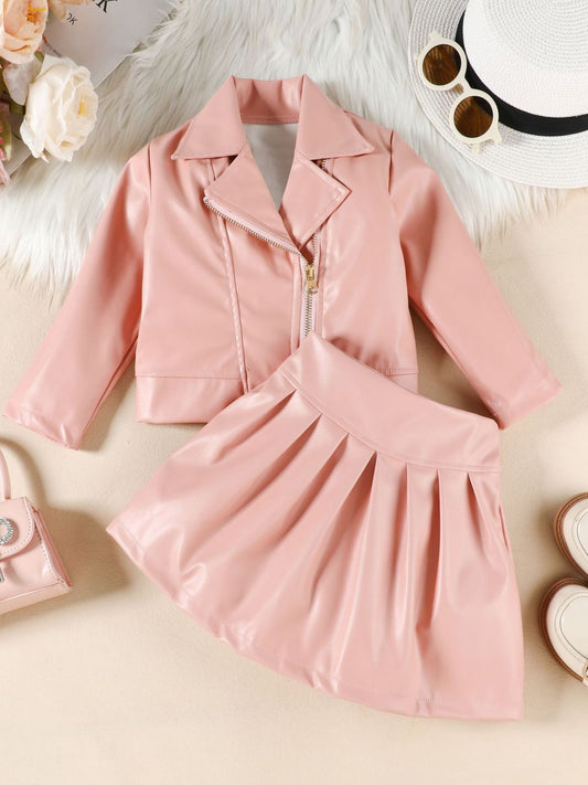 Children's Faux Leather Jacket & Pleated Skirt Set