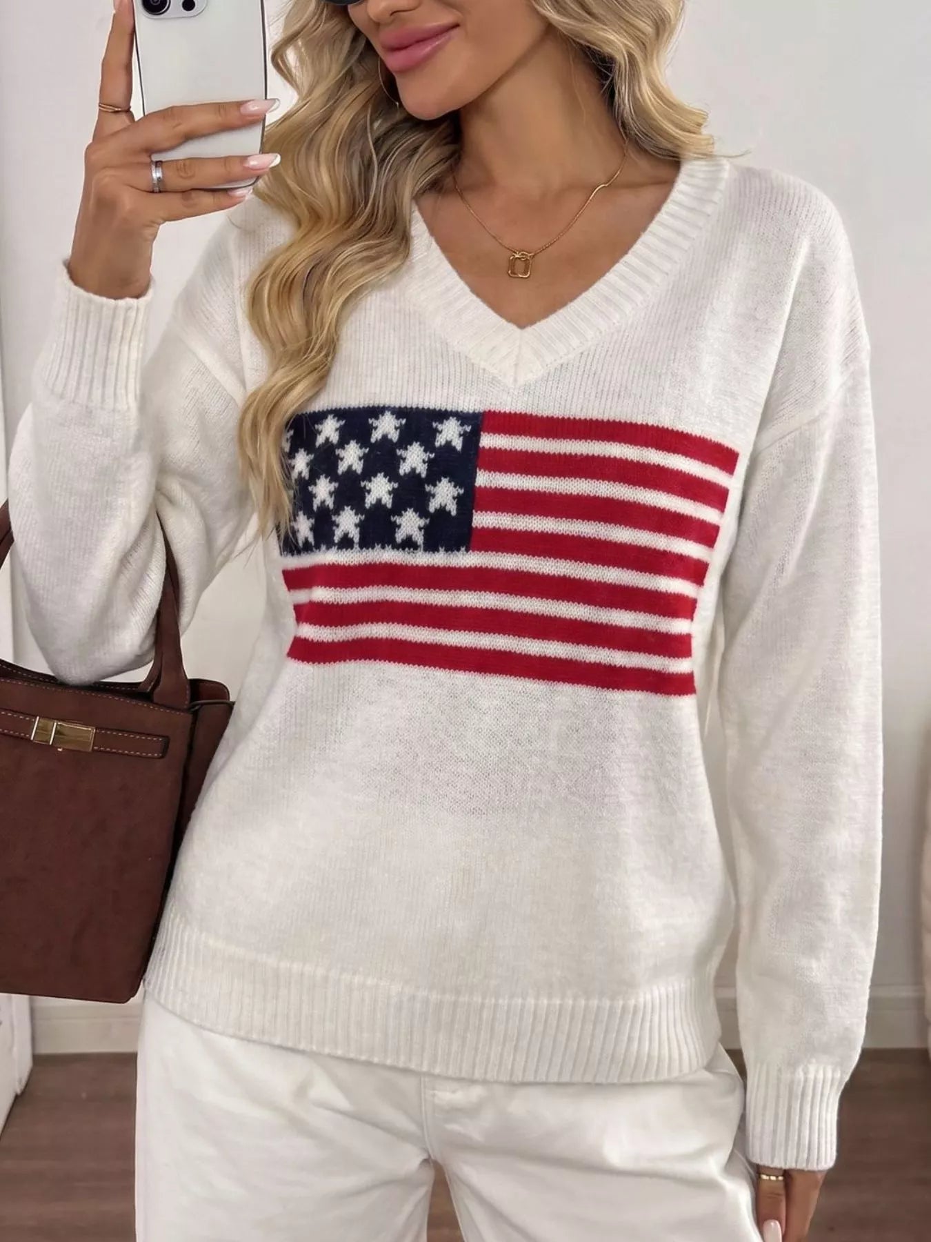 American Flag V-Neck Knit Top