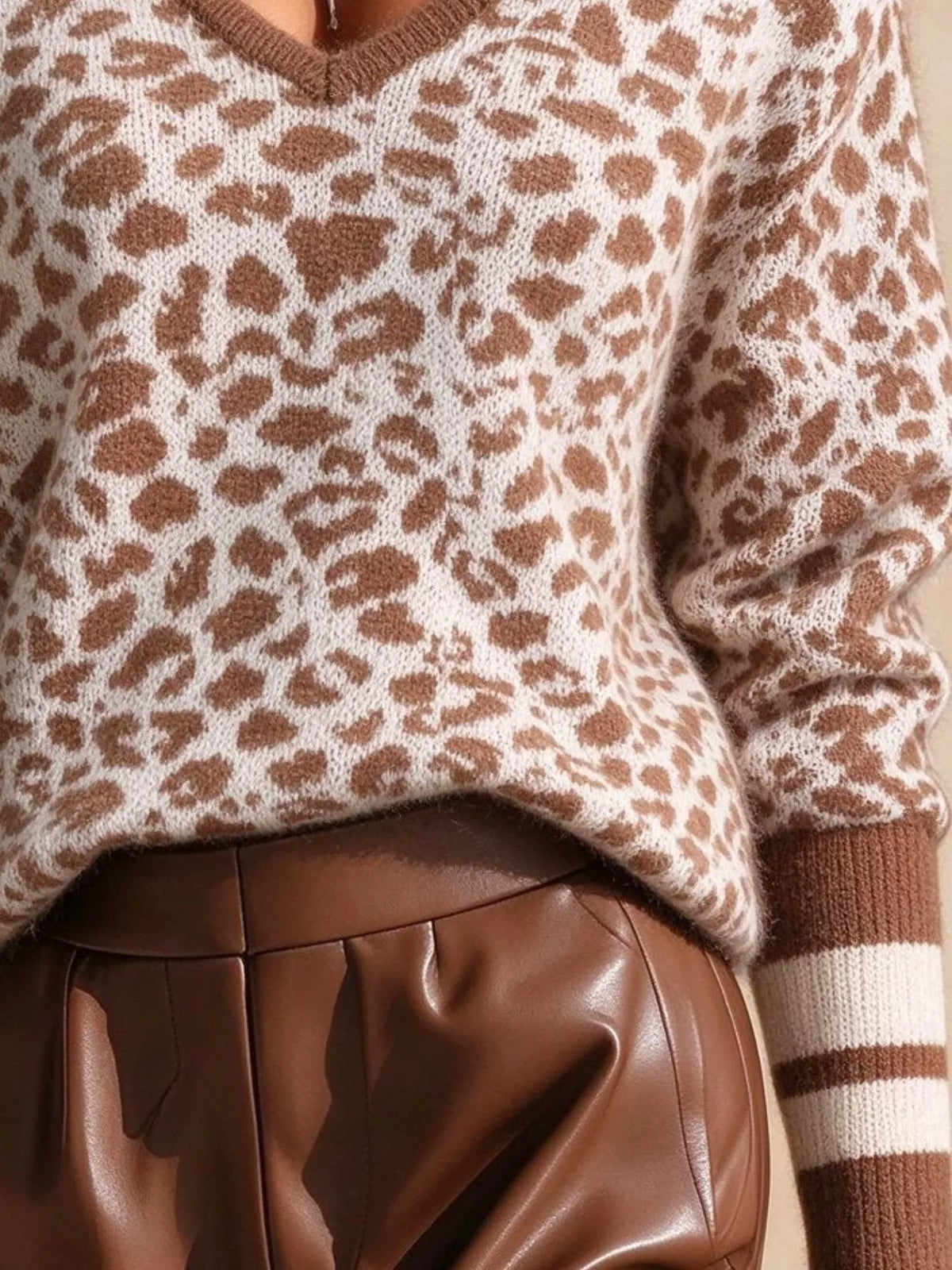 Full Size Leopard V-Neck Sweater with Striped Cuffs Plus Size