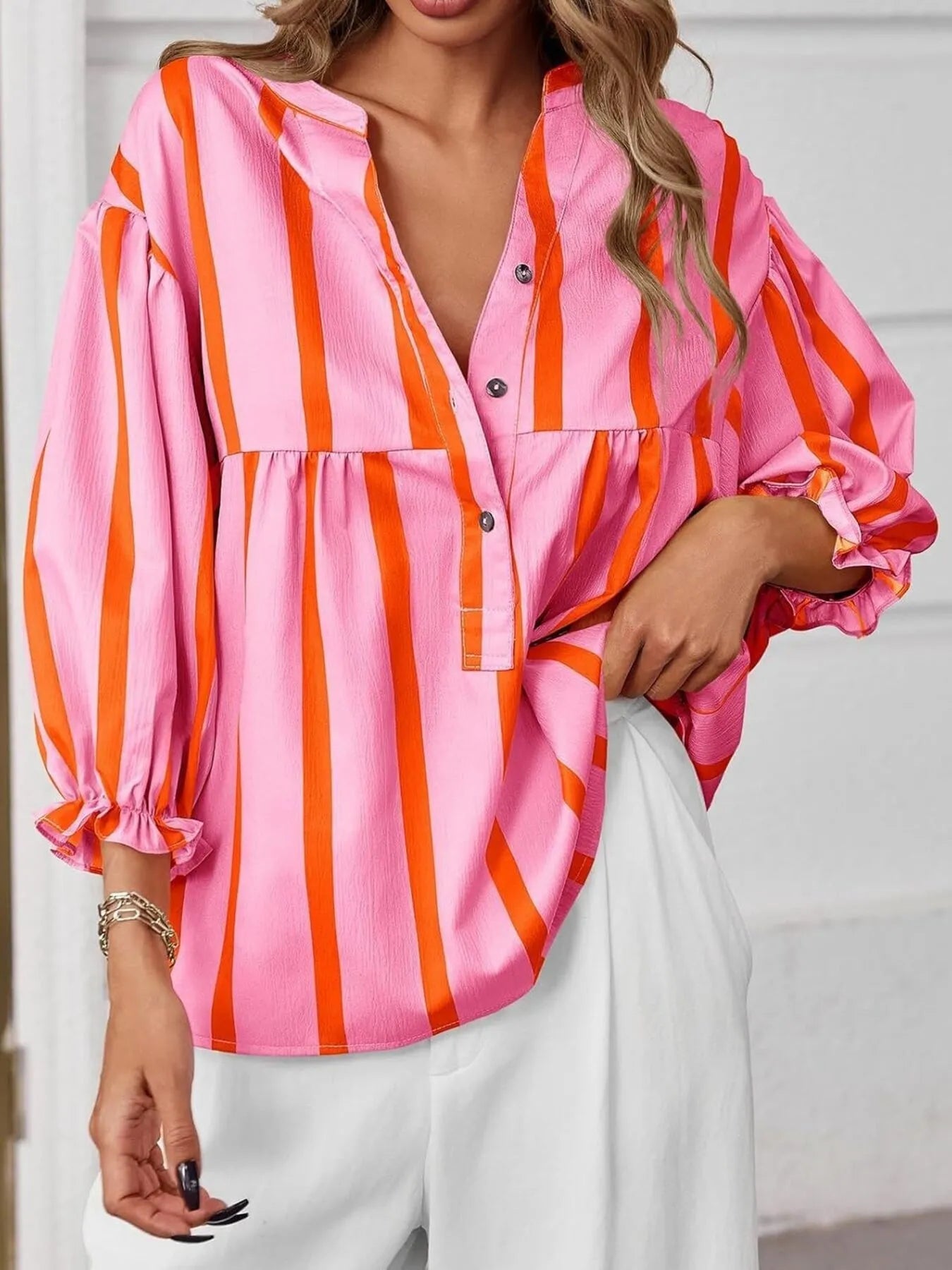 Striped Button Front Notched Blouse