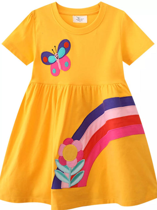 Children's Butterfly & Rainbow Round Neck Casual Dress