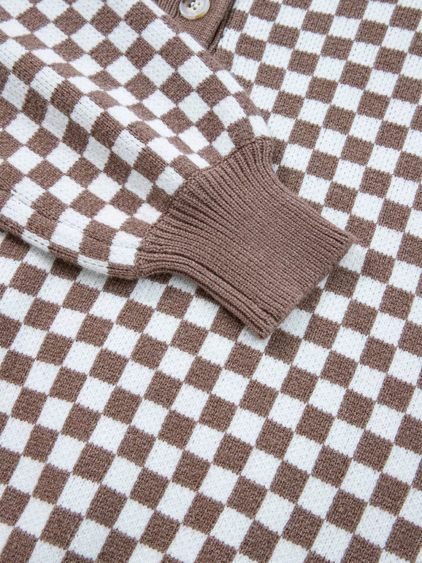 Half Button Ribbed Trim Checkerboard Knit Sweater