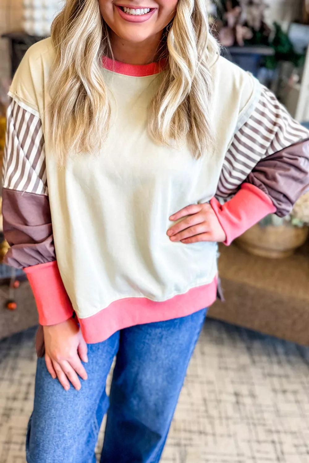 Color-Block Striped Crew Neck Sweatshirt