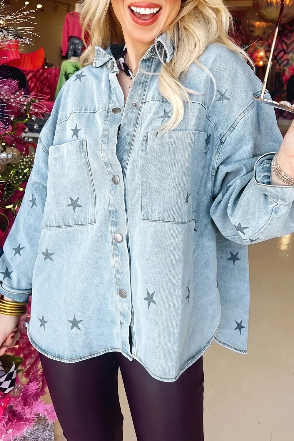 Light Wash Star Print Denim Jacket