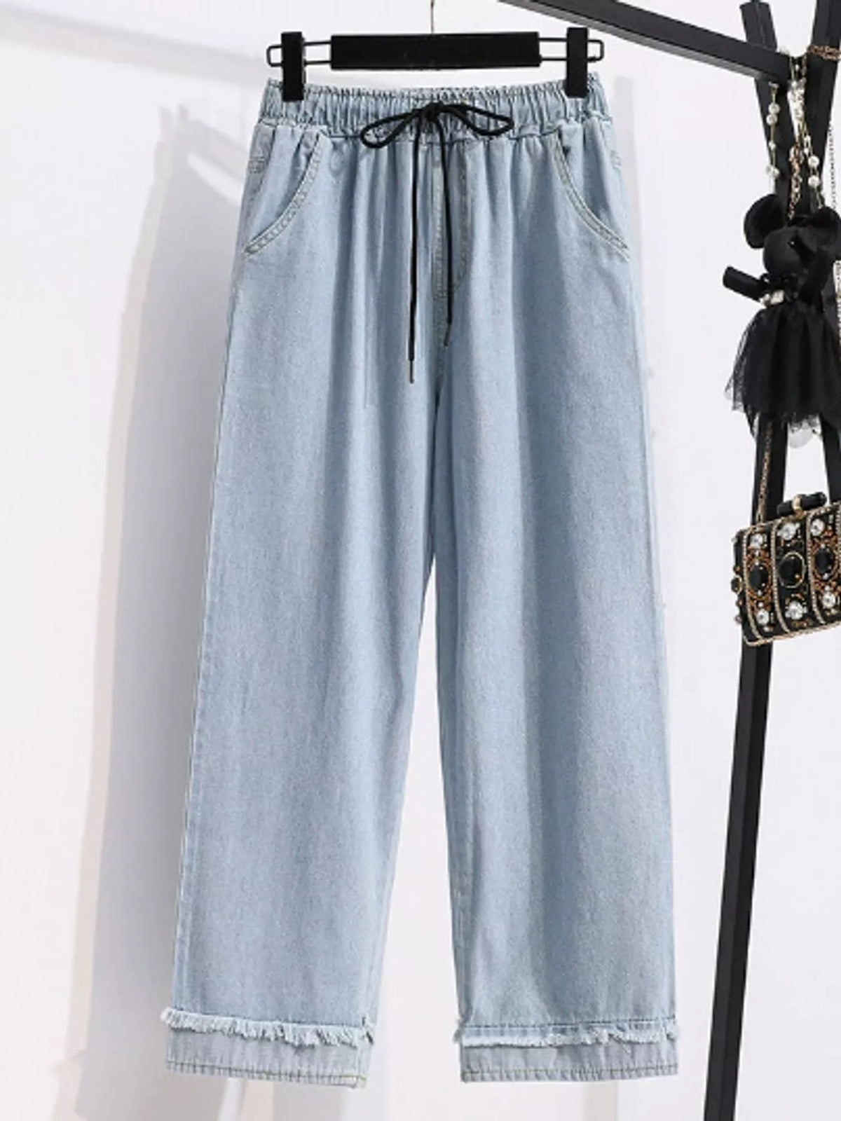 Full Size High-Waisted Elastic Drawstring Wide-Leg Jeans with Frayed Hem Plus Size