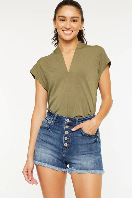 Kancan High Rise Frayed Hem Denim Shorts
