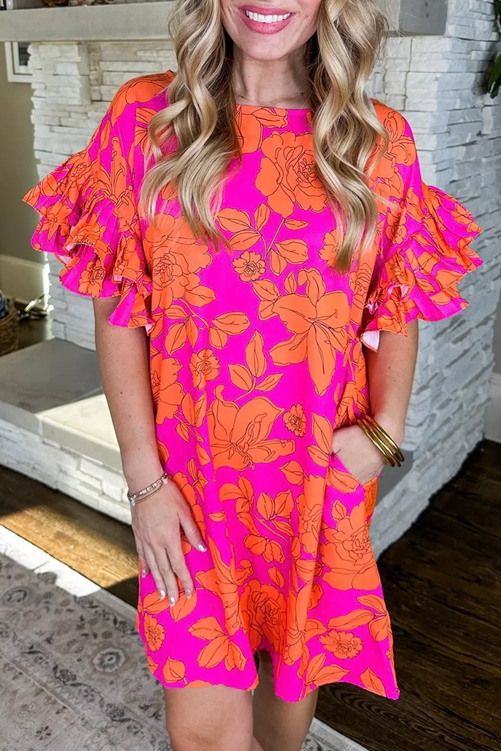 Ruffled Printed Short Sleeve Mini Dress