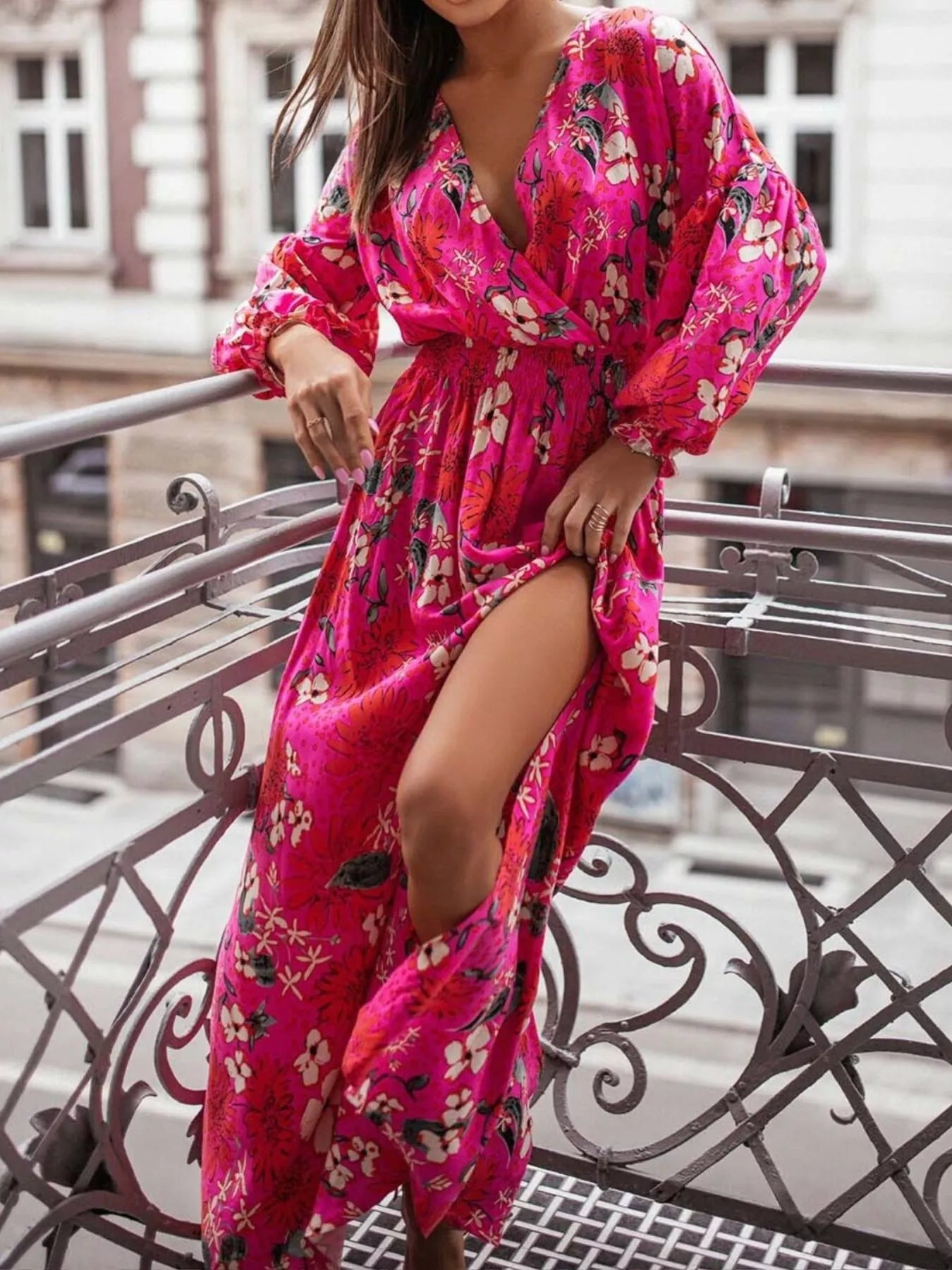 Bohemian Printed Maxi Dress with Plunging Neckline