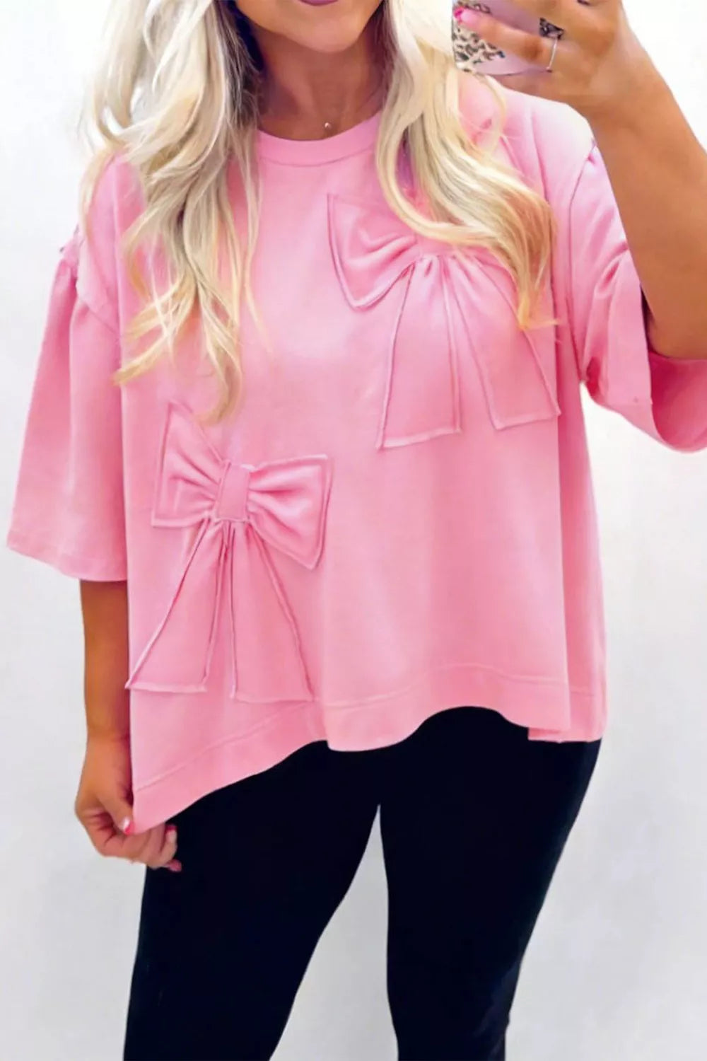 Solid Color Raw Edge Bow Patch Loose T Shirt
