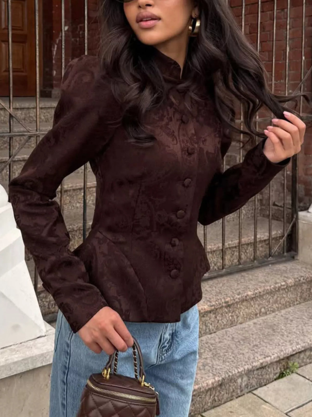 Jacquard Peplum Puff Sleeve Outerwear