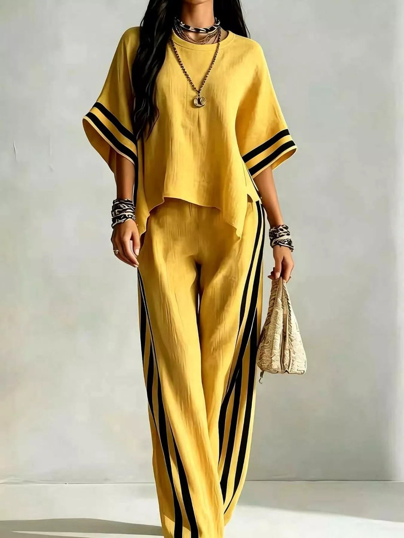Full Size Striped 3/4 Sleeve Top and Pants Set Plus Size