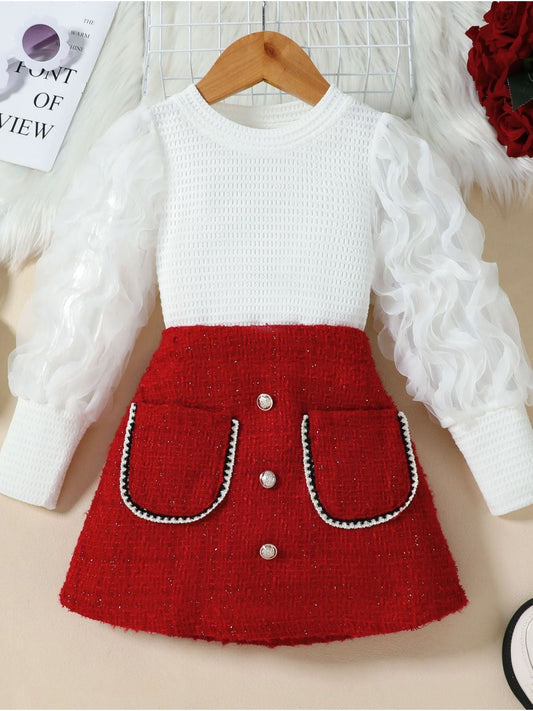 Children's Openwork Top and Tweed Skirt Set