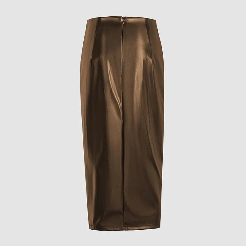 Women's Solid Color PU Leather Pencil Skirt, Drawstring Waist Bodycon Midi Skirt With Slit Hem (See size chart where applicable)