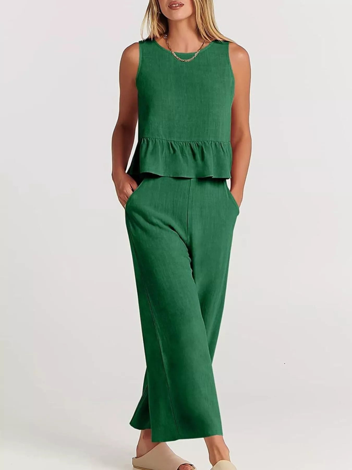Full Size Ruffled Hem Sleeveless Top and Wide-Leg Pants Set Plus Size
